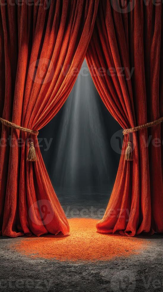 Dark stage illuminated by beams of light shining through bright orange curtains photo