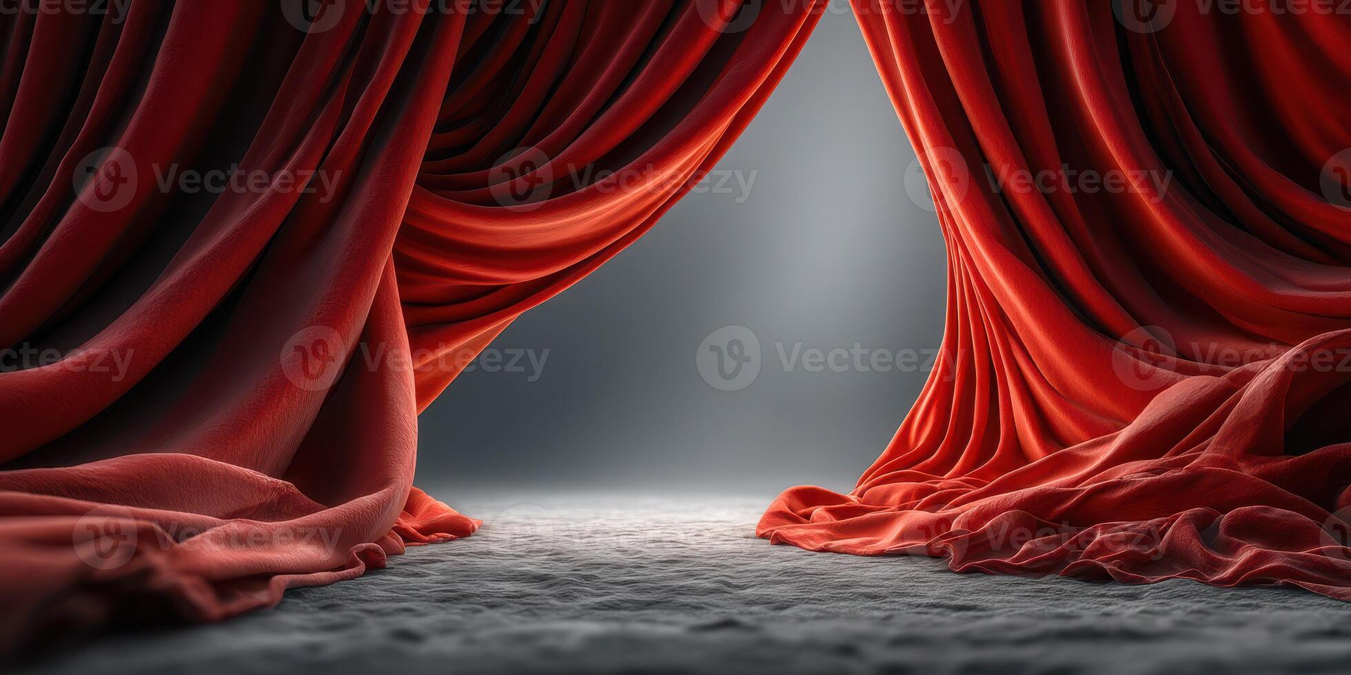 Dramatic red curtains opening to reveal an empty stage in a theater setting ready for performance photo
