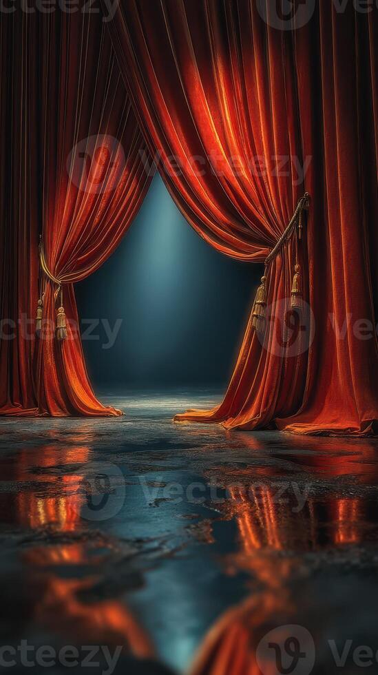 Rich red curtains part to reveal a spotlight illuminating a polished stage in an intimate theater setting at night photo