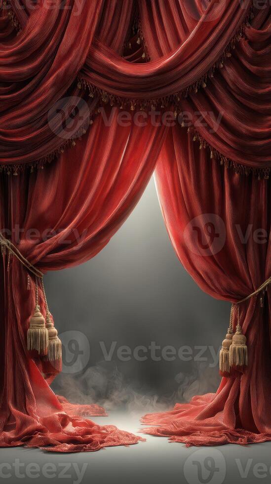 Rich red curtains parting to reveal a smoky stage with dramatic lighting creating an enticing atmosphere for a performance photo
