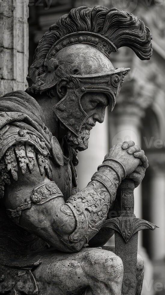 Bronze statue of a warrior in armor resting with sword in historical city square during the day photo