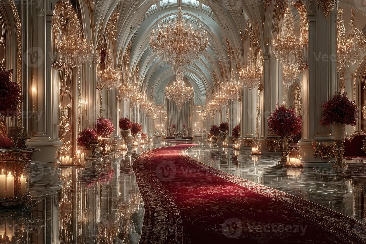 Luxurious ballroom adorned with chandeliers and floral arrangements during an elegant evening event photo