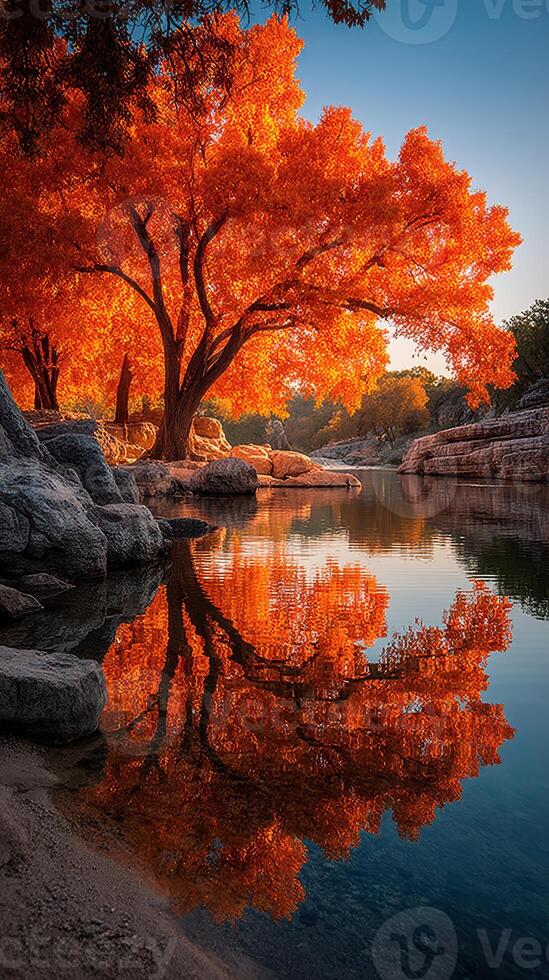 Stunning autumn tree reflecting in calm water at sunset in tranquil nature setting photo