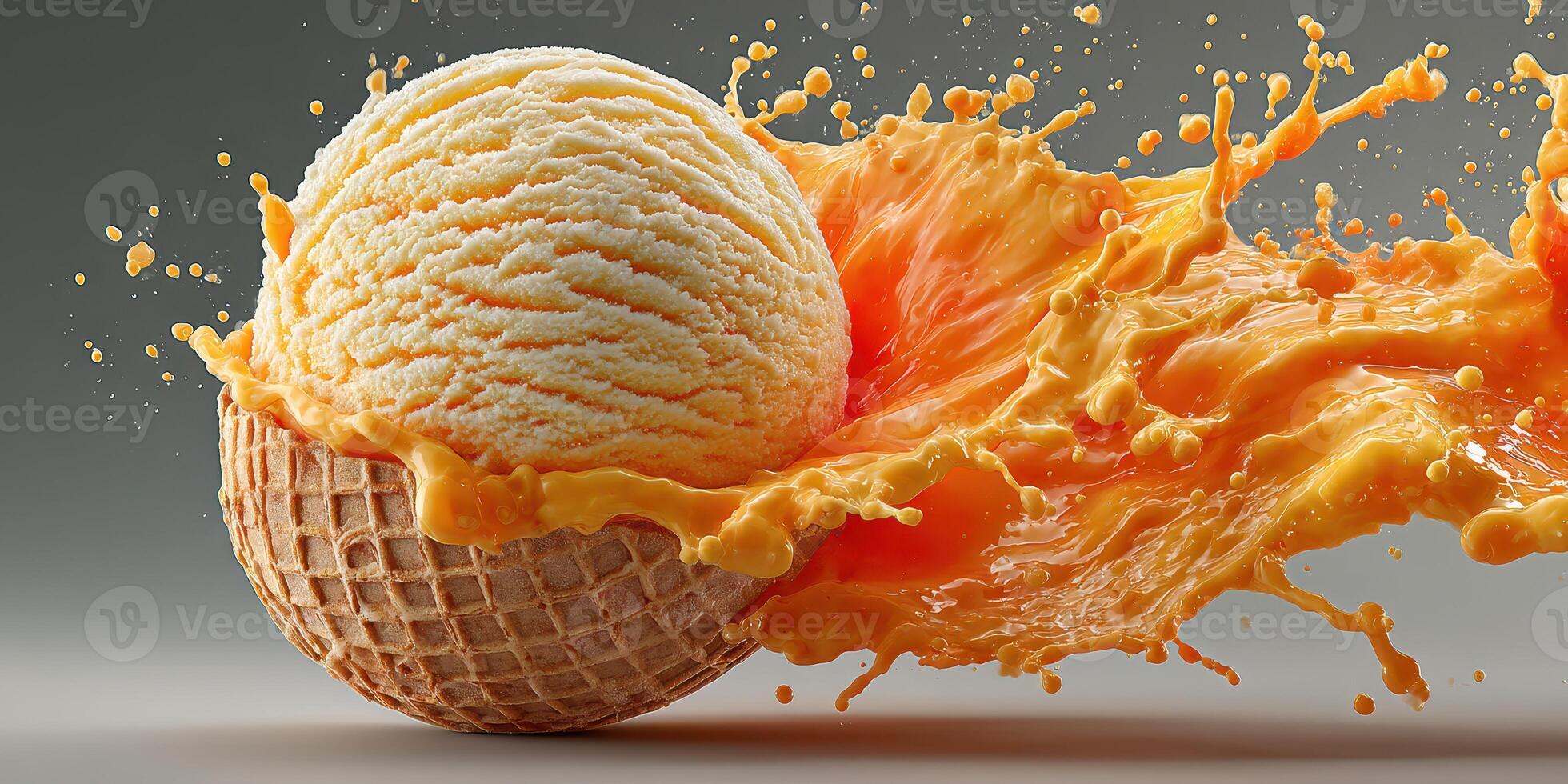 Delicious scoop of ice cream splashing orange sauce with energetic movement and vibrant colors photo