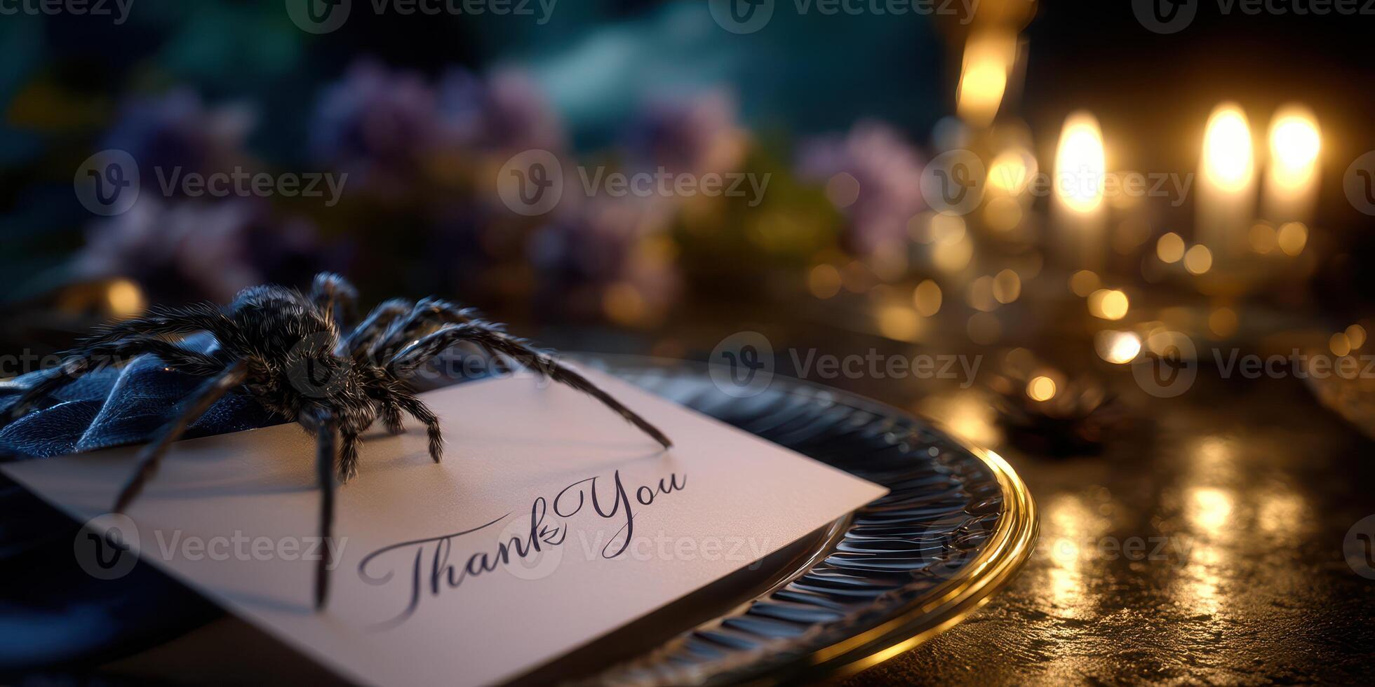 Thank you card placed on a silver platter with a decorative spider and lit candles in an atmospheric setting photo