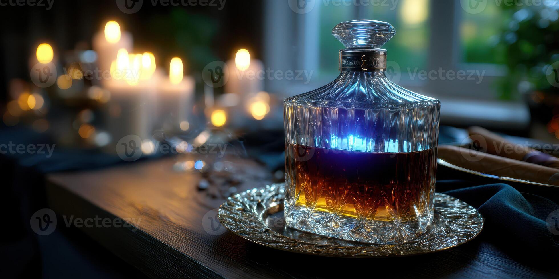 Warm ambiance created by candlelight and a vintage glass decanter filled with amber liquid on a wooden table near a window at dusk photo