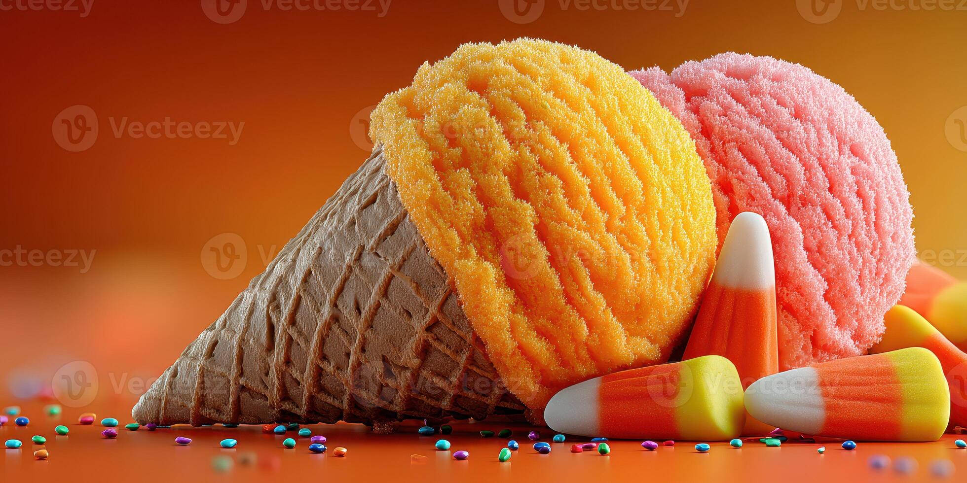 Enjoying colorful ice cream cone with candy corn on a vibrant orange background during summer photo