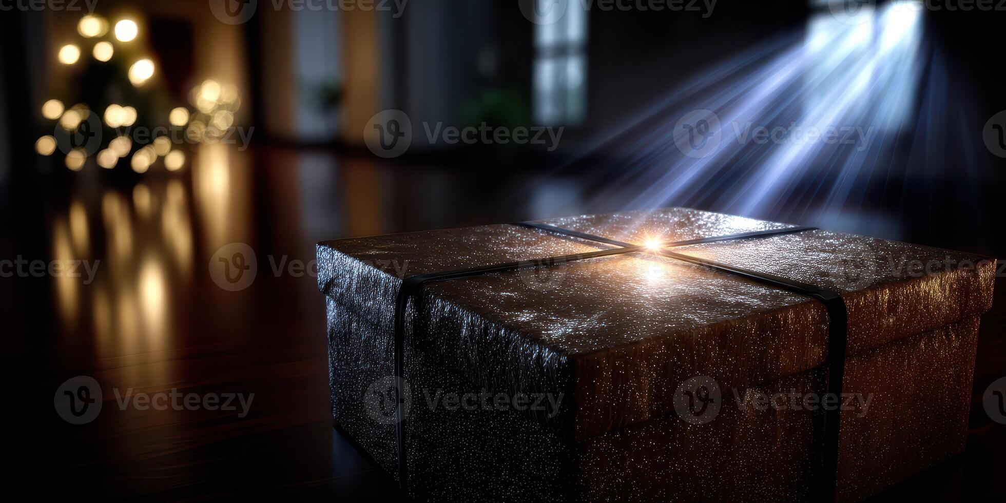 Mysterious gift box illuminated by soft light on wooden surface during a cozy indoor evening photo