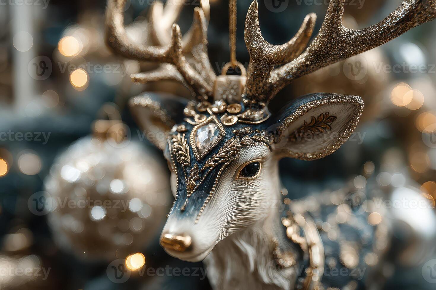 Ornate decorative deer ornament with golden accents on a festive tree backdrop during holiday season photo