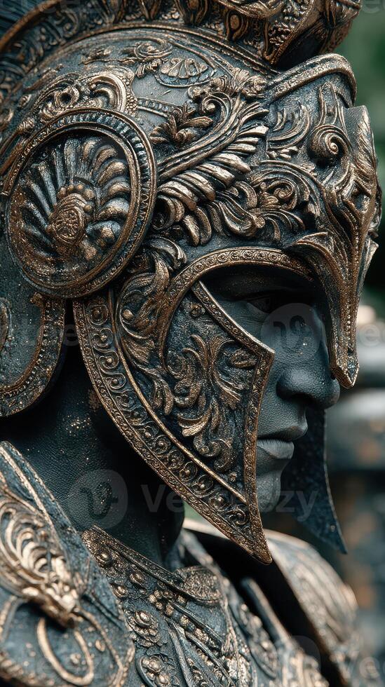 Intricate warrior helmet adorned with ornate designs captured during a historical reenactment event in a vibrant outdoor setting photo