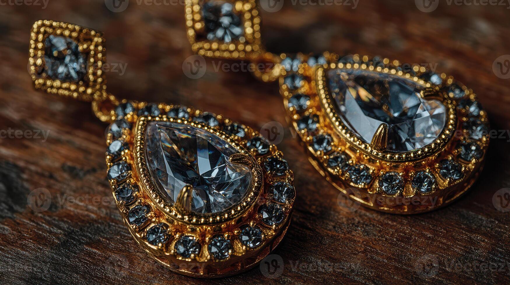 Elegant gold and crystal earrings displayed on a wooden surface with intricate design details photo
