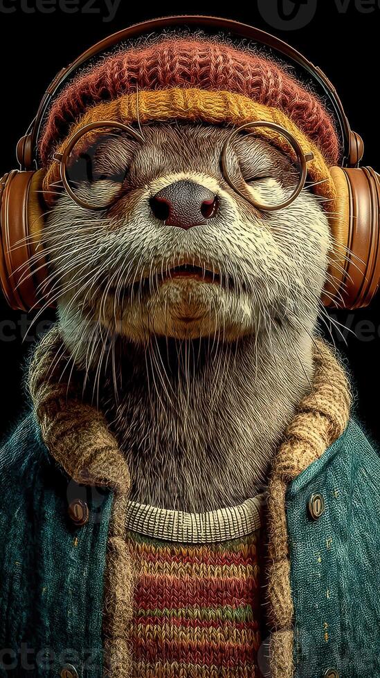 Portrait of a cozy otter wearing headphones and glasses, enjoying music in a stylish sweater and beanie during a relaxed moment photo