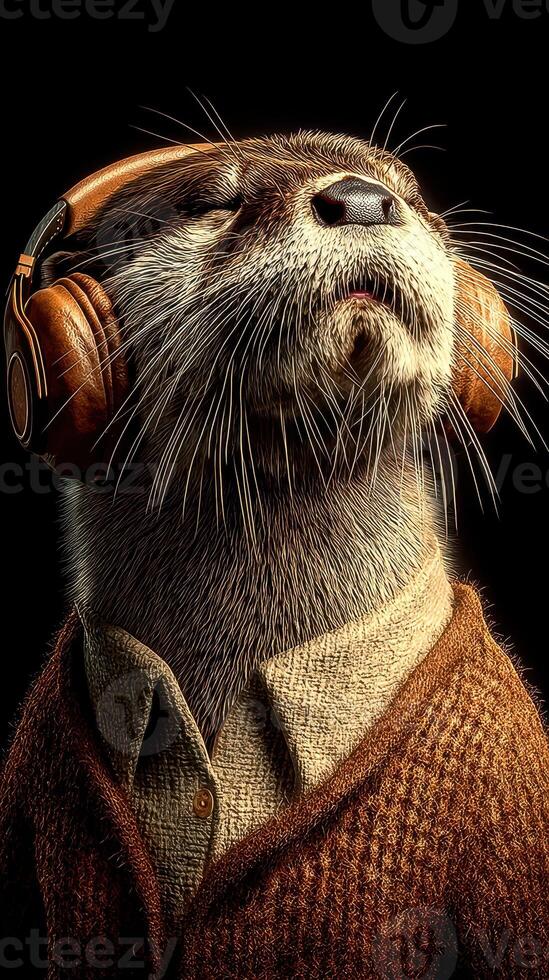 Otter wearing headphones and a sweater showing enjoyment in a cozy indoor setting photo