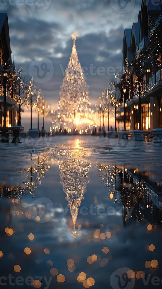 Festive city square with a glowing Christmas tree and lights during sunset near the waterfront photo