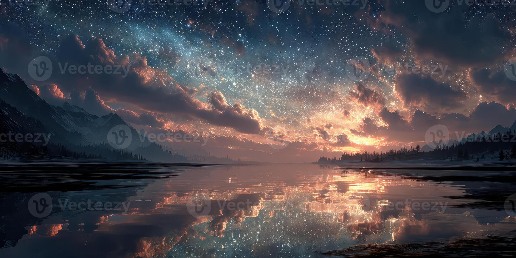 Night sky lit by stars reflects on tranquil lake at dusk with mountains in the background near a forest photo
