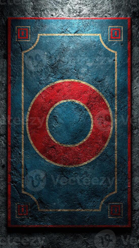 Bold geometric design featuring a central circle on textured dark background with vibrant colors and historical elements photo
