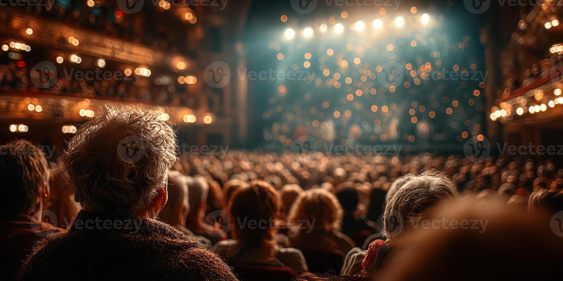 Crowd watches a live performance in a packed theater during a lively evening event in a historic venue photo
