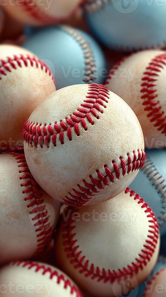 Collection of baseballs stacked together on a field showcasing their classic design and worn texture during daytime photo