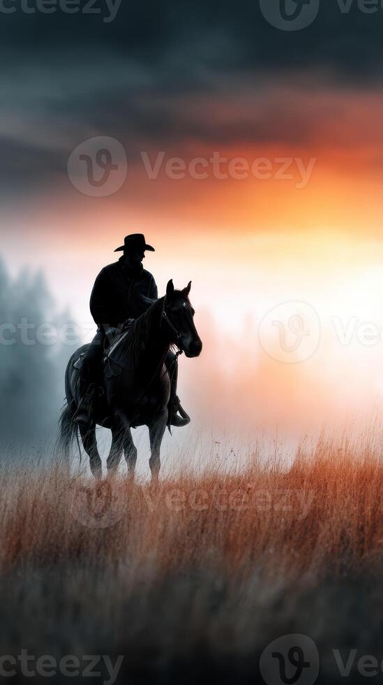 Cowboy riding a horse through a foggy field at dawn with a colorful sunrise in the background photo