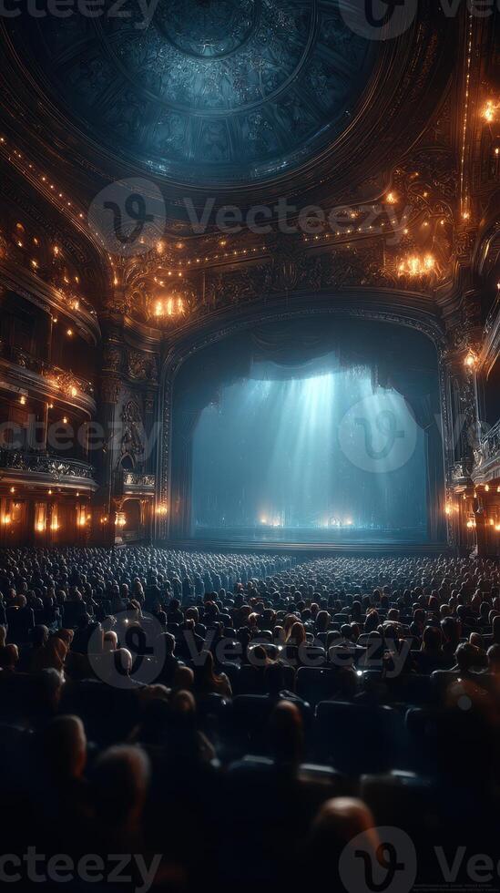 Vibrant theater audience captivated by a performance in an elegant venue illuminated by stage lights photo