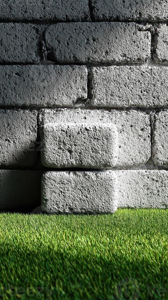 Textured gray concrete blocks against vibrant green artificial grass in a modern setting photo