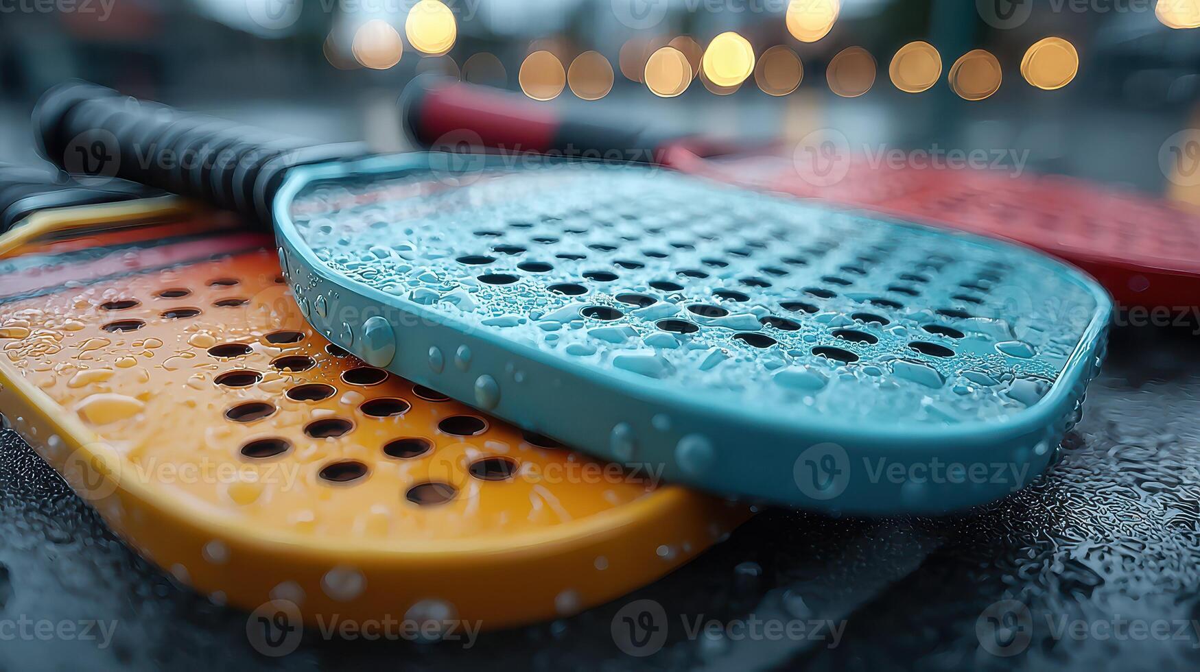 Colorful paddles resting on a wet surface after a rain shower during an outdoor game event in the evening twilight photo