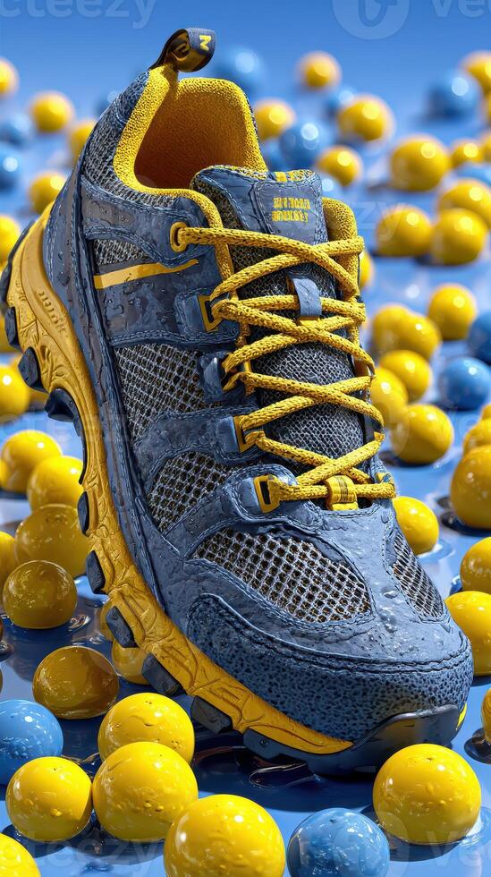 Dynamic sport shoe displayed among colorful balls on a vibrant blue background with water droplets photo