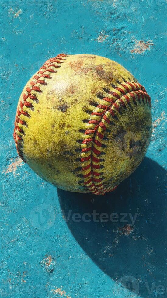 Old yellow baseball resting on a vibrant blue surface with visible wear and scuff marks, showcasing signs of previous play photo