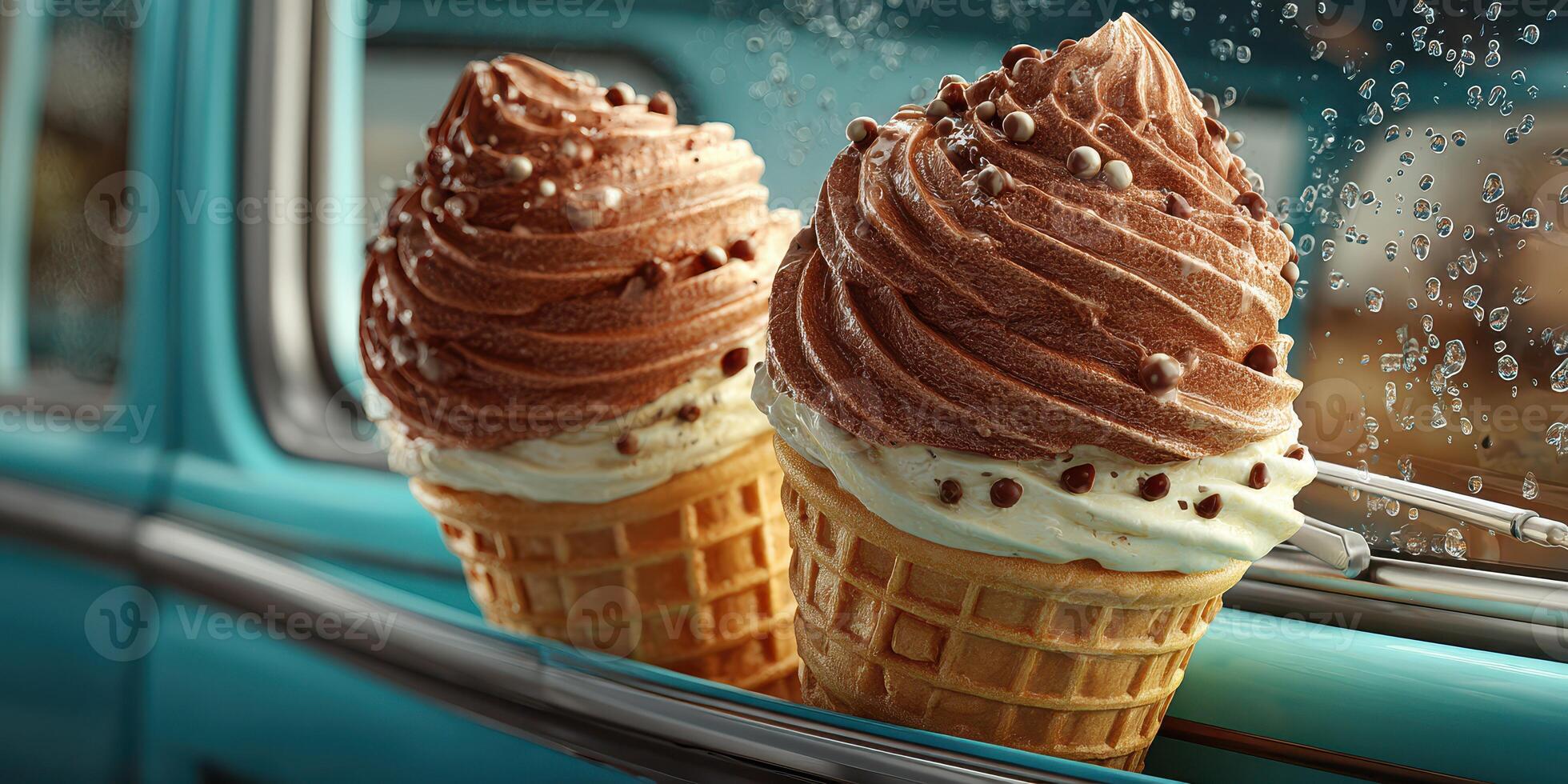 Delicious ice cream cones in a vintage car with raindrops on the window during a warm afternoon photo