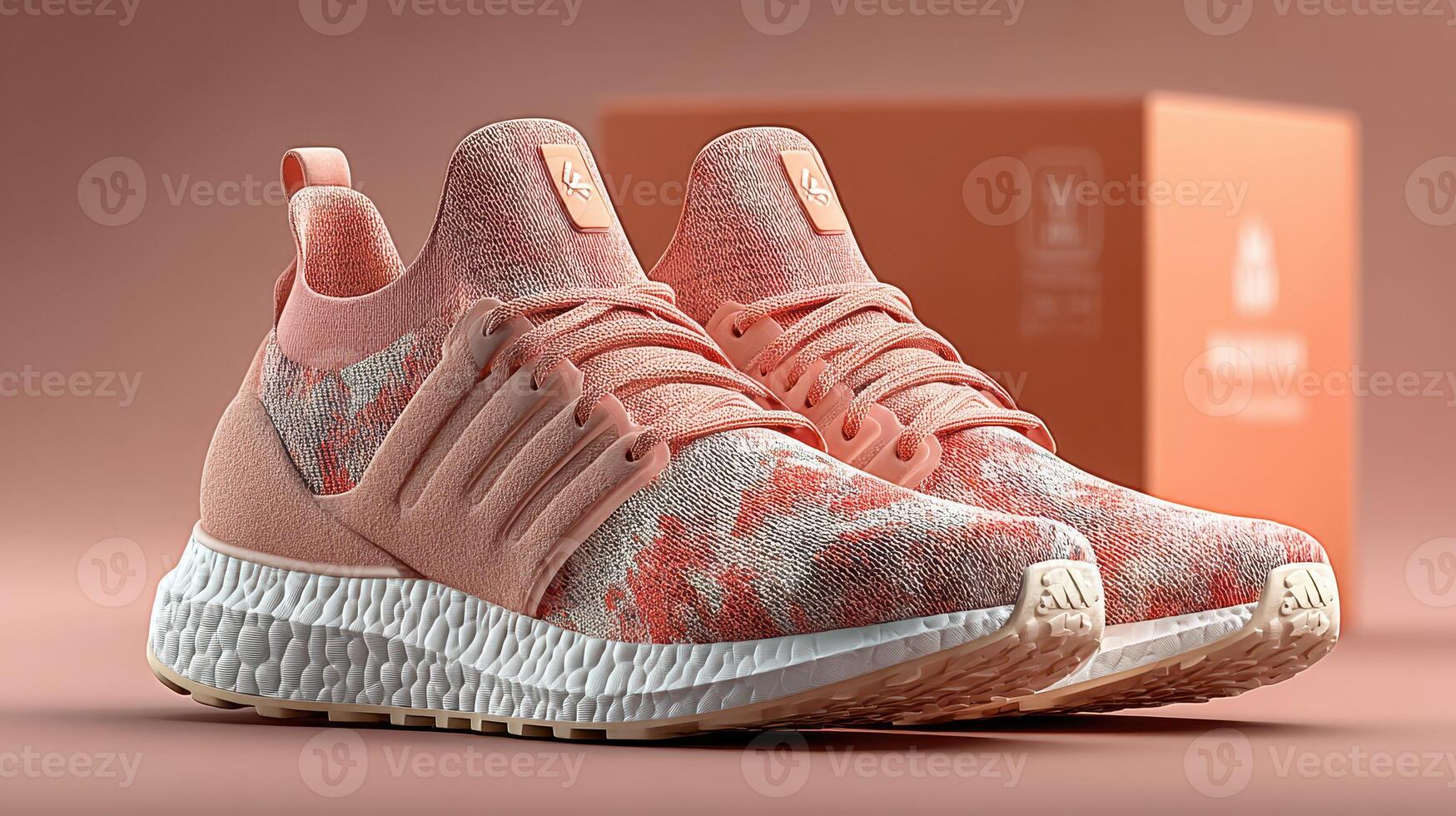 Stylish athletic shoes displayed in an orange box with a smooth background photo