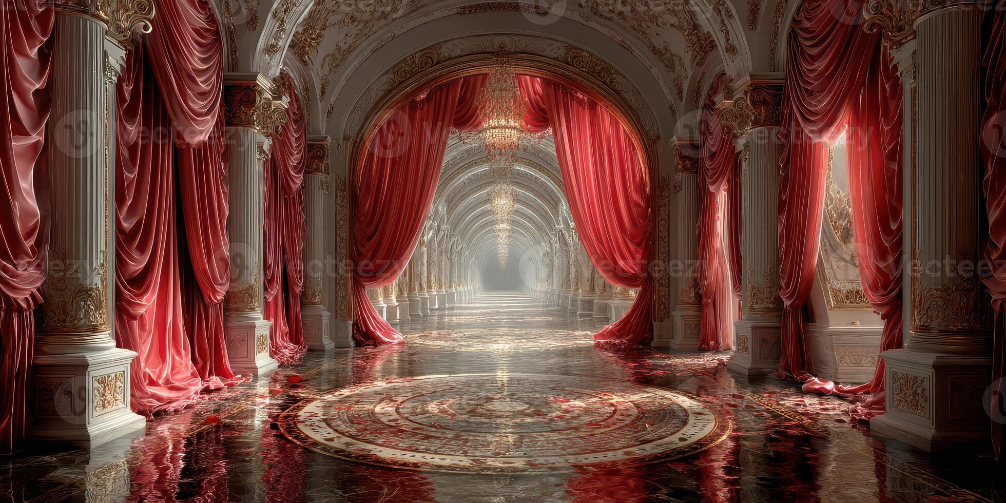 Elegant hallway adorned with red curtains and intricate marble flooring in a grand palace setting photo