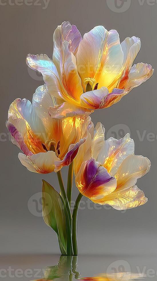 Vibrant glass tulips with warm colors displayed against a simple background photo