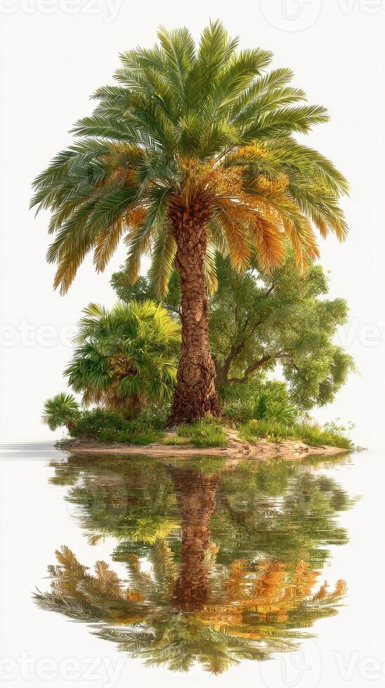 Lush palm trees reflecting in tranquil water at a serene tropical oasis during golden hour photo