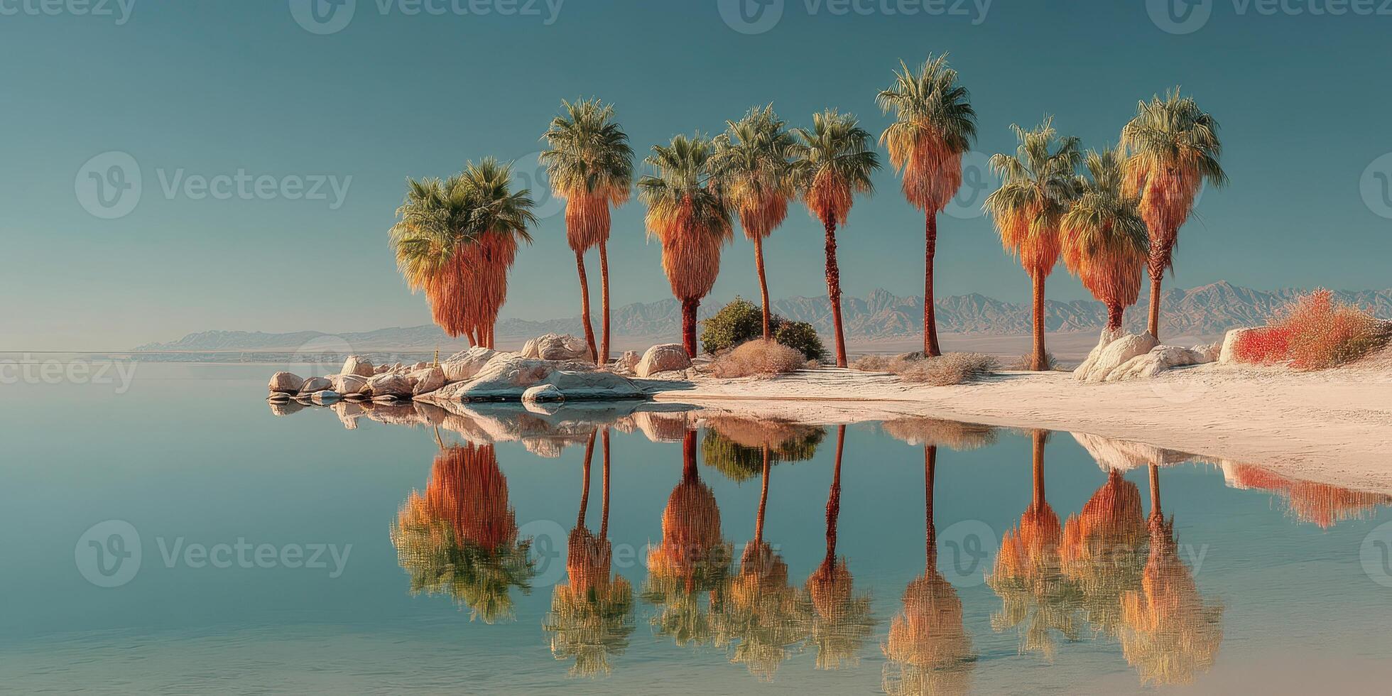 Stunning reflection of palm trees along a serene lake shore at sunset in a desert landscape photo