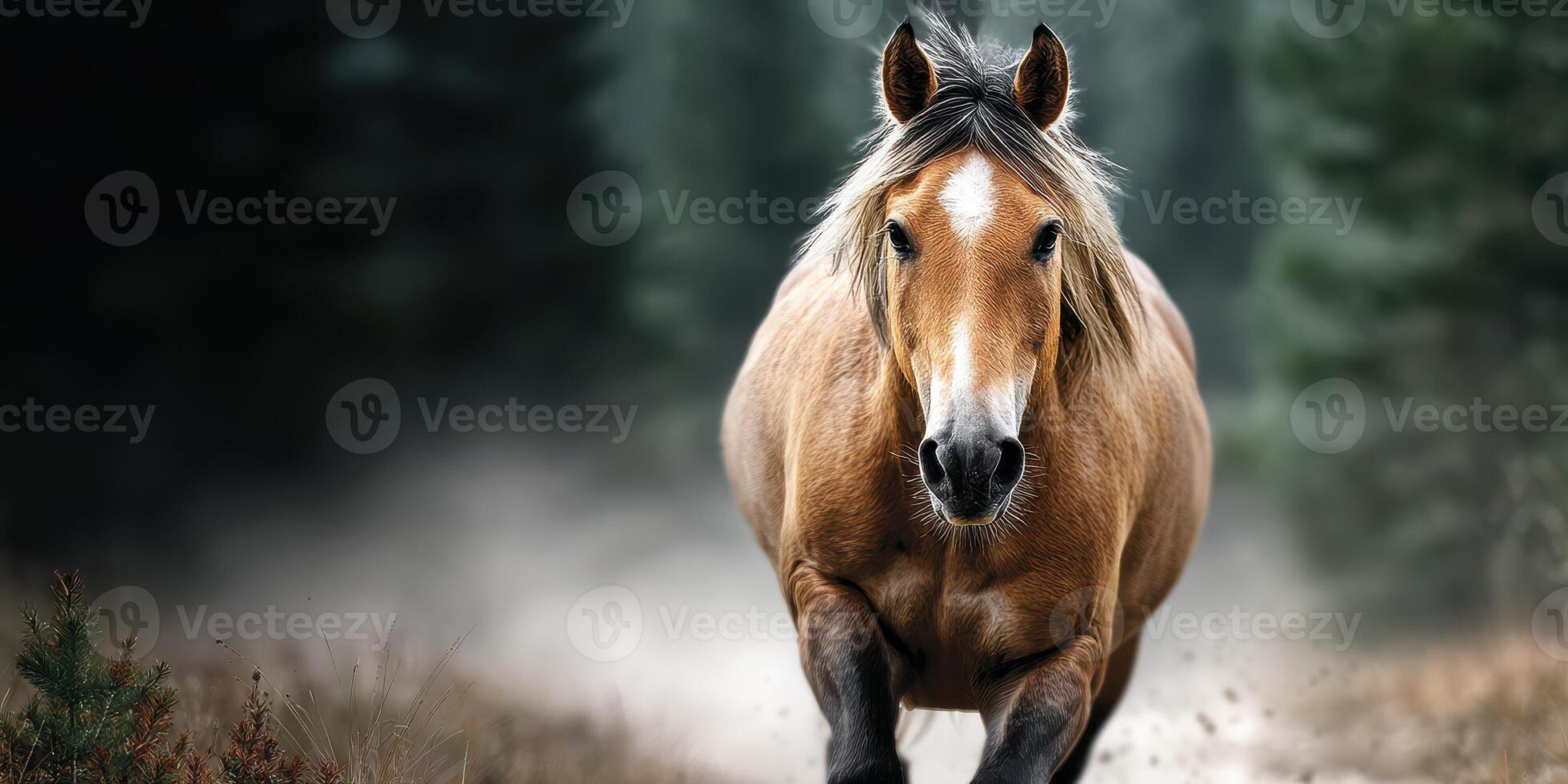 Horse running through a misty forest landscape in the early morning light photo