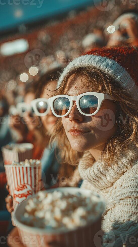 Cheerful crowd enjoying festive movie night under bright lights wearing sunglasses photo