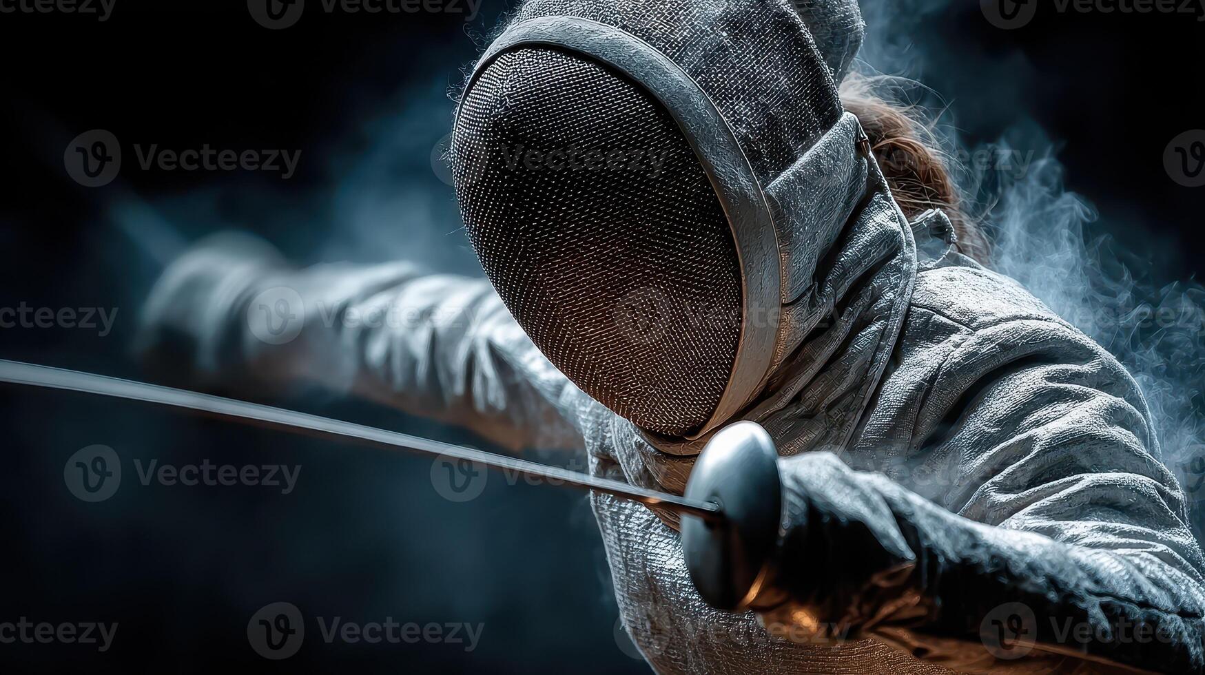 Fencing athlete in action during a competitive match in a dramatic atmosphere with smoke effects and focused intensity photo