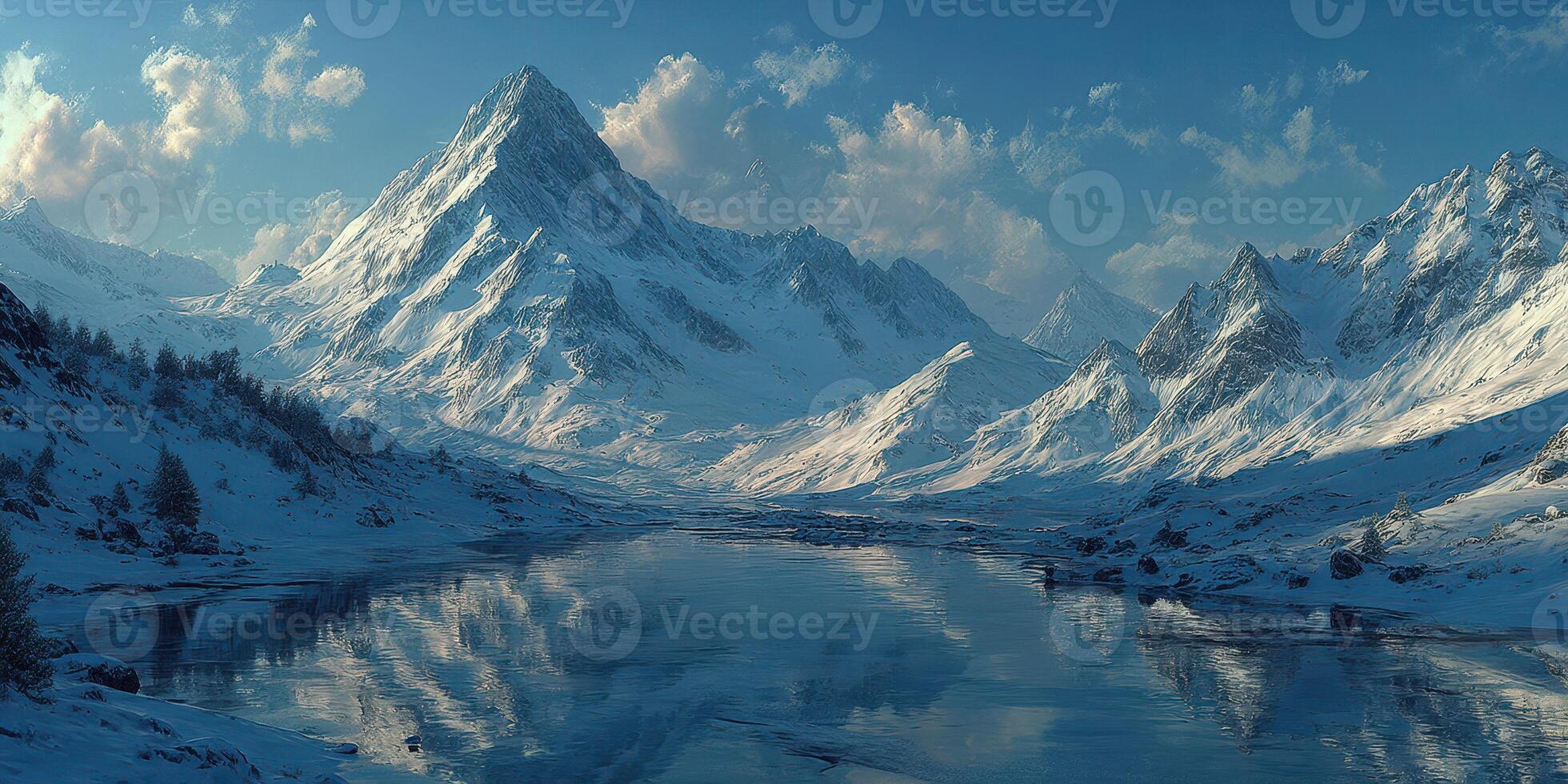 Snow-covered mountain range with serene lake reflections during twilight hours in a tranquil alpine setting photo