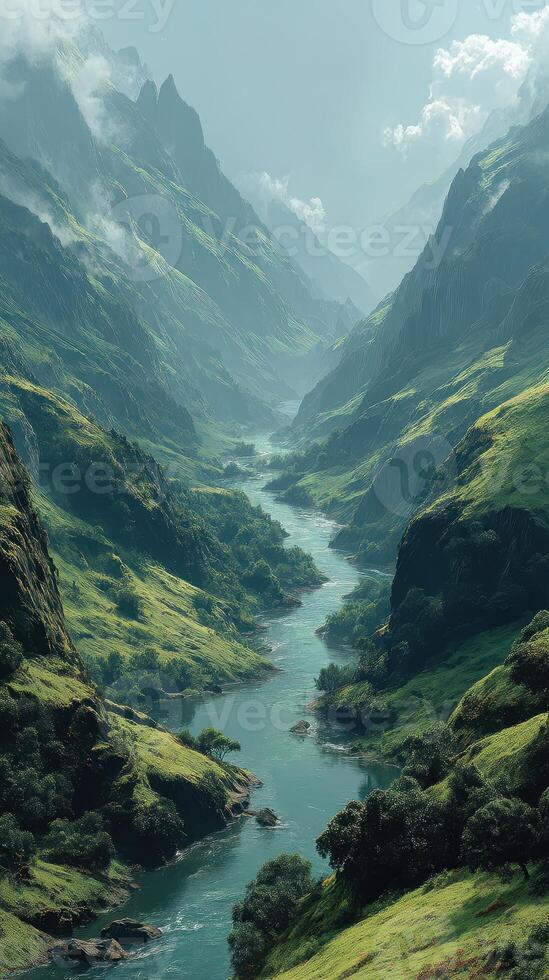 Majestic river winds through lush green valleys under cloudy sky during daytime photo