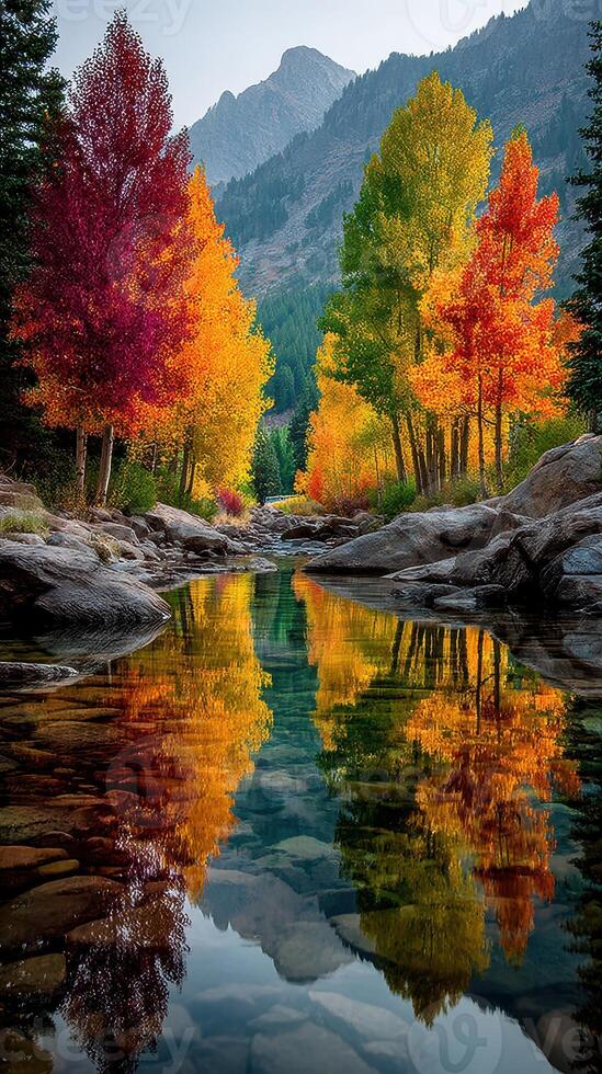 Stunning autumn landscape showing vibrant trees reflected in a calm river in the mountains photo