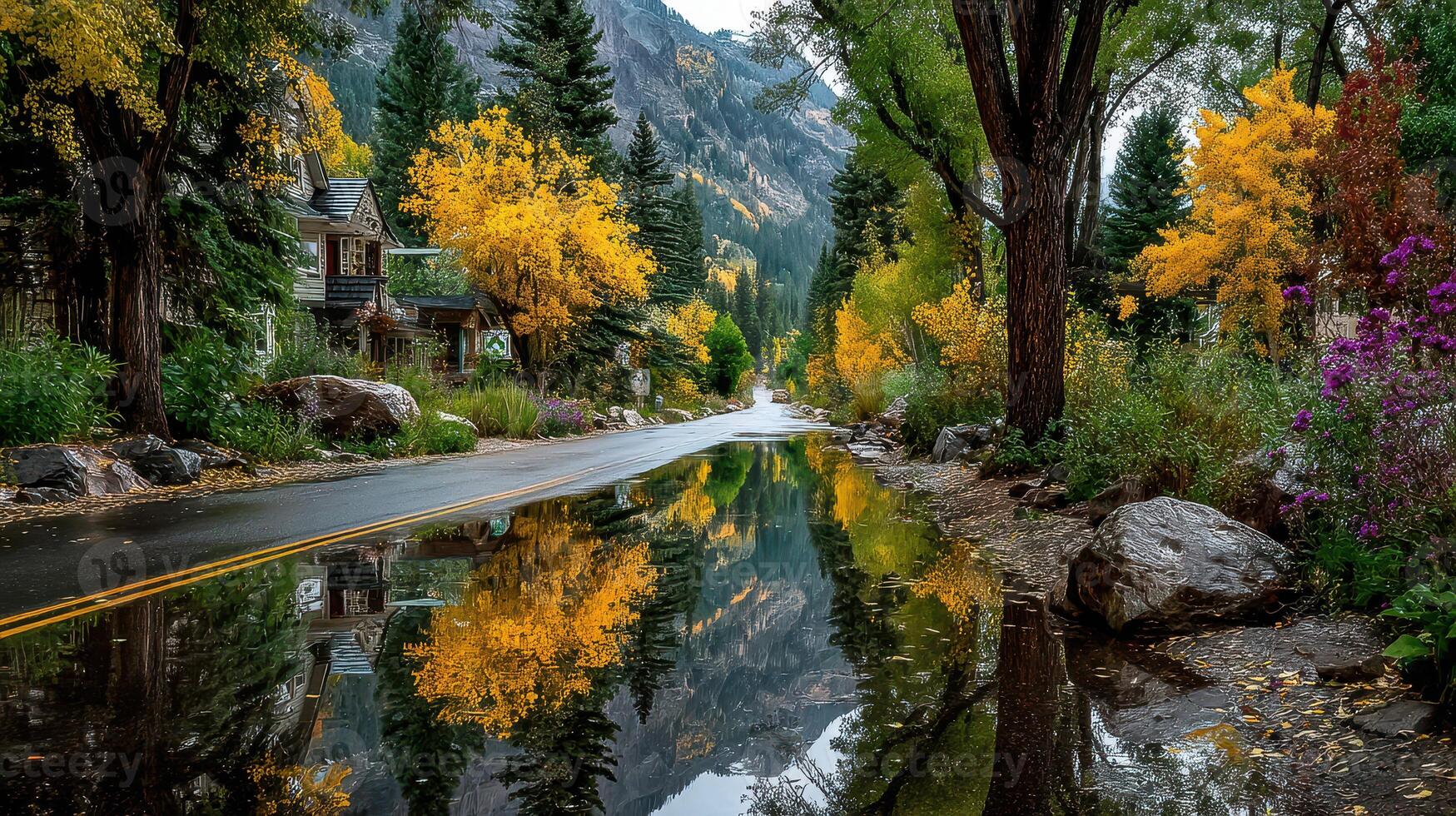 Beautiful autumn landscape with vibrant trees and reflections in puddles along a serene mountain road photo