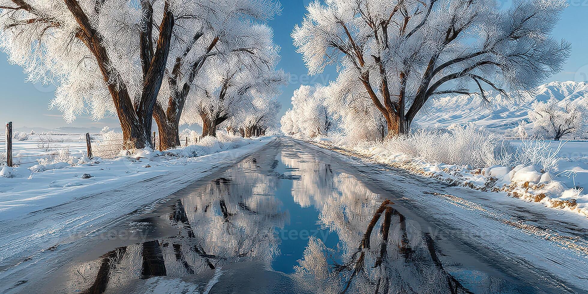 Winter landscape features a snowy road lined with frosted trees and a clear reflection on the surface in the morning sunlight photo