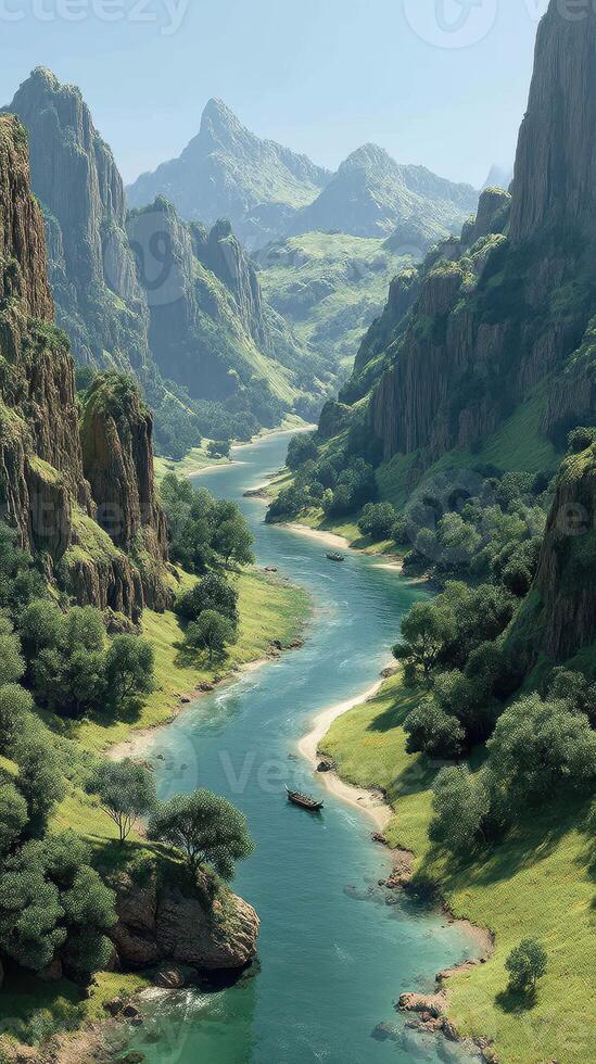 Serene river winding through lush valleys and towering mountains in bright daylight photo
