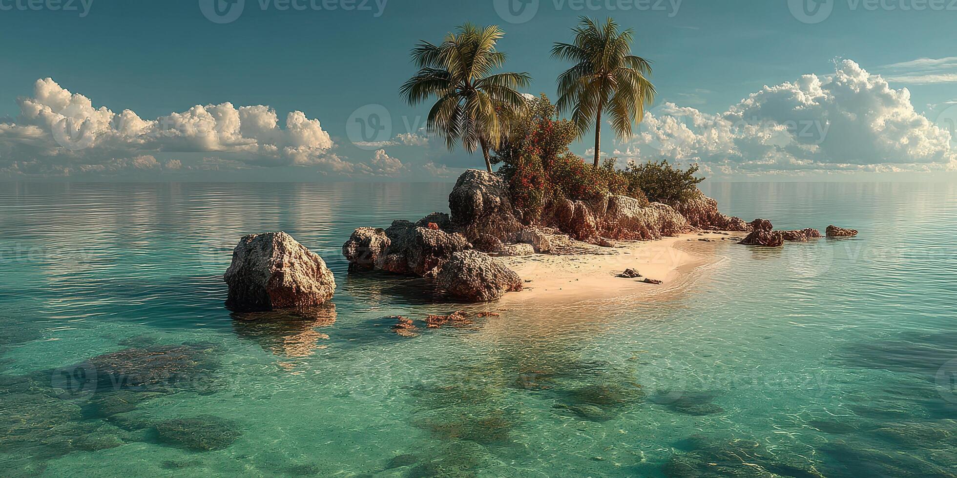 Beautiful secluded tropical island with palm trees and clear blue water during a serene day photo
