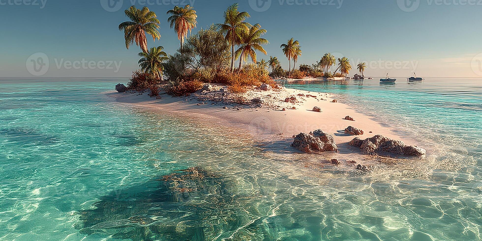 Tropical island oasis surrounded by turquoise waters and palm trees at sunrise photo