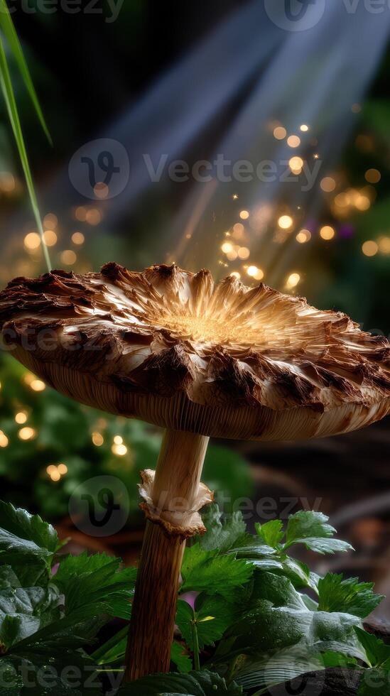 Mushroom glows with magical light in a lush garden during twilight hours photo