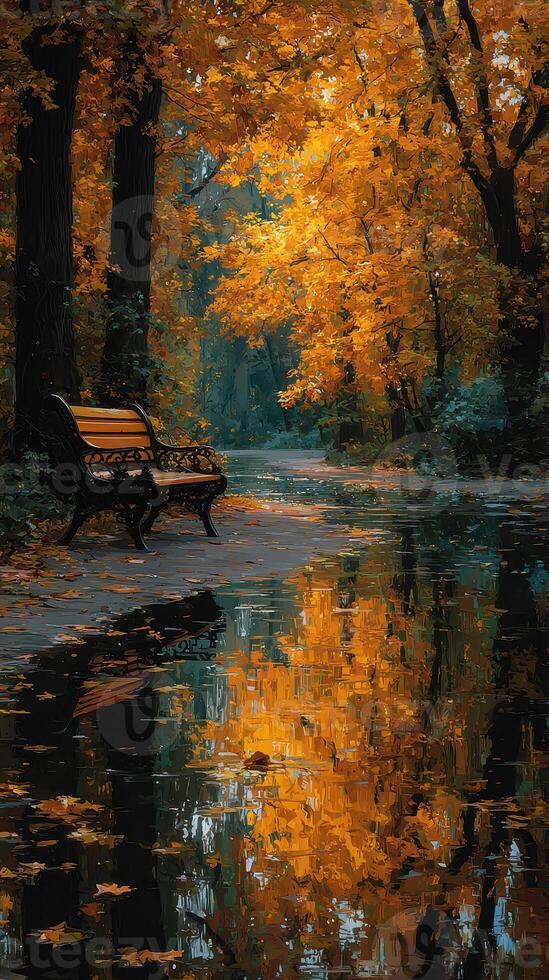 Autumn reflections in a tranquil park showcasing vibrant trees and a serene bench by the water photo