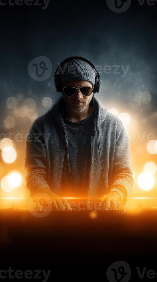DJ performing at an energetic night event with lighting effects and vibrant atmosphere photo