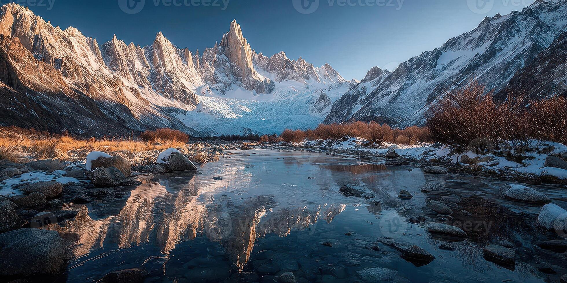 Stunning mountain range reflecting in tranquil river during early morning light in a remote wilderness area photo