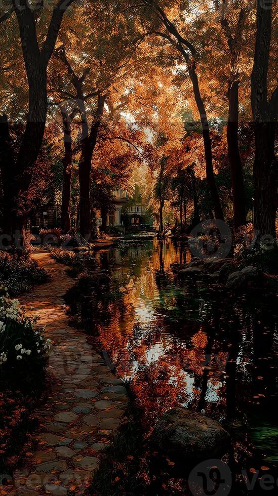 Serene autumn landscape with vibrant foliage reflected in calm waters near a walking path photo